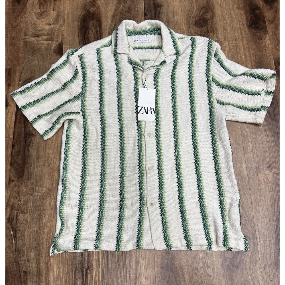 Zara Men's Green Striped Crochet Knit Resort Shirt Medium